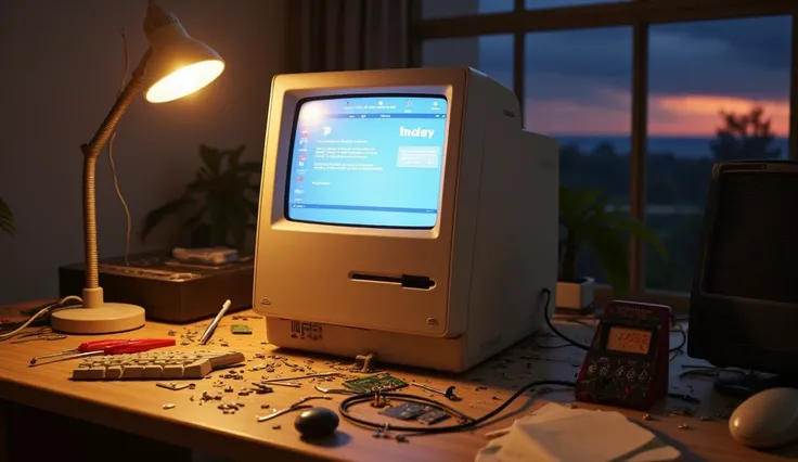 "A realistic photo of a vintage Macintosh SE/30 computer on a desk alongside its keyboard and mouse. The desk is scattered with various computer repair tools such as screwdrivers, pliers, and circuit boards. A desk lamp provides focused lighting on the wor...