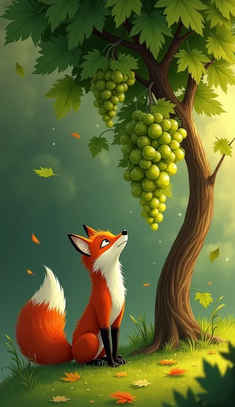 "A lush green garden with a high tall vine tree hanging ripe, shiny green grapes.a fox makes another leap towards the grapes, but its visibly exhausted and unable to reach them. Leaves are scattered around the tree base, and the fox looks disheartened."