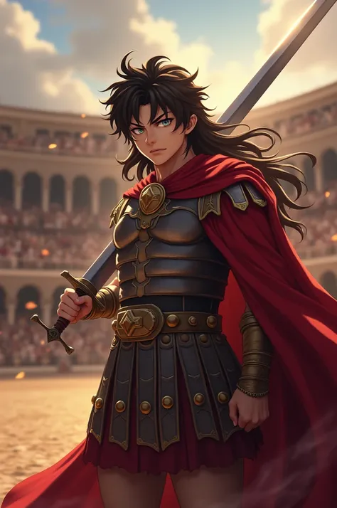  best quality,  greatest masterpiece,  highest resolution，（Caesar) ， (Roman Emperor) ，（Roman gladiator） ，（Arena_background），Slash with a sword ， long hair， young man accompanied by， angry， anime style,（4K）, Alone， ((whole body)) ，  looking at the camera,  ...