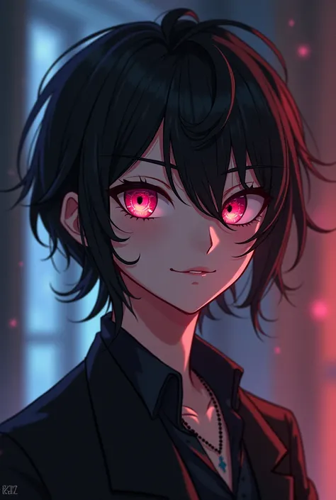  Boy with black hair and a fairly faithful figure with the face and features of a thin girl ,  abundant wavy hair that reaches a little further from men and ugly curves.  Long eyelashes and pink eyes with that mischievous smile . Drawn in adult anime style...