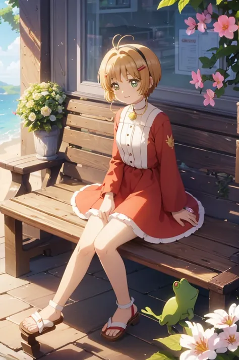 A beautiful girl sitting on a wooden table on the beach, anime girl, with a bouquet of flowers in her hand, under a tree, floral yellow summer dress with detailed ruffles, no sleeve, detailed lace, (spread your legs, white panties), sandals, big rounds bre...