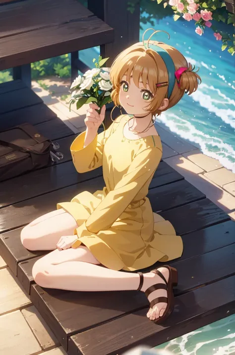 A beautiful girl sitting on a wooden table on the beach, anime girl, with a bouquet of flowers in her hand, under a tree, floral yellow summer dress with detailed ruffles, no sleeve, detailed lace, (spread your legs, white panties), sandals, big rounds bre...