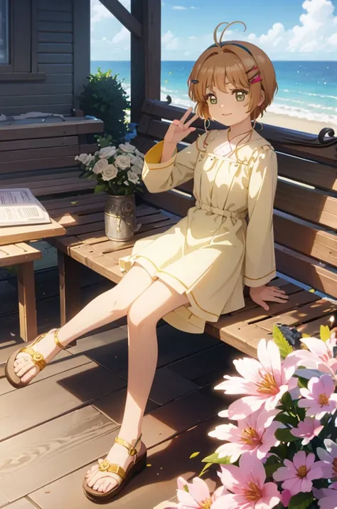 A beautiful girl sitting on a wooden table on the beach, anime girl, with a bouquet of flowers in her hand, under a tree, floral yellow summer dress with detailed ruffles, no sleeve, detailed lace, (spread your legs, white panties), sandals, big rounds bre...