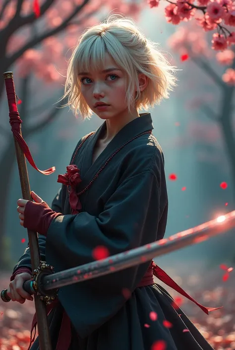 (( photorealism ,16k render , Maximum of Details ))  Extremely detailed blonde Russian girl with short hair in the image of a gothic samurai ),  Only one KATANA is correct ,  called ONI KIRI ,  with dazzling reflection , размытая сияющая траектория  взмаха...