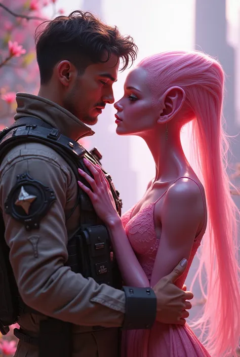 Create the love between a soldier and a beautiful pink alien