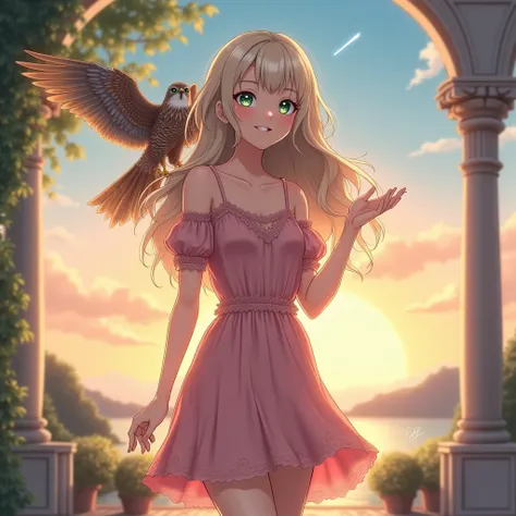  The Reincarnation of Fausta, the First Wife of Roman Emperor Constantine the Great。My Beloved Daughter in This World 。 anime character。woman。Petite。 Crystal Green Eye Color 。 kind smile。 Rosy Dress 。 Delicate Lace 。He is wearing resort wear and facing for...