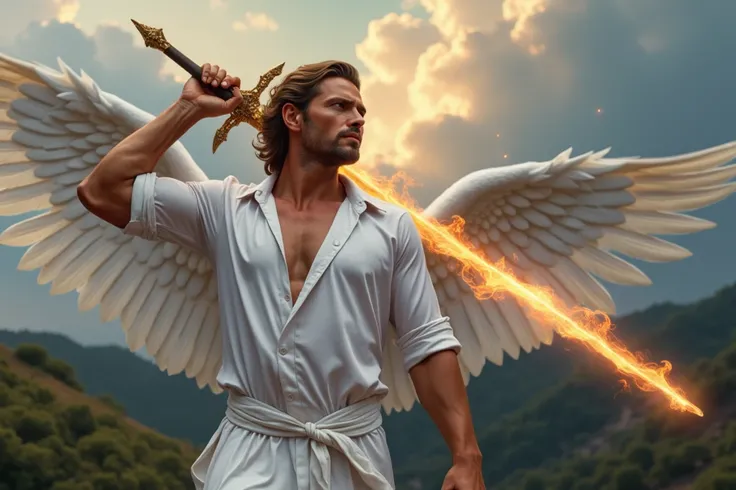 Create a male masculine angel descending from heaven holding a sword of fire