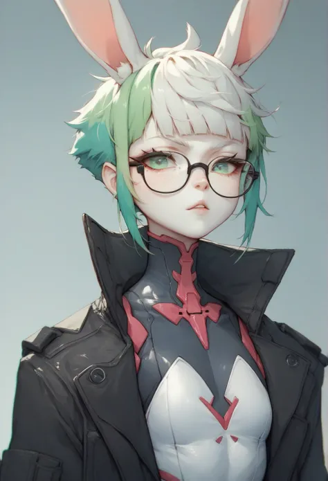  A hybrid rabbit ,  pale skin with freckles ,  Gray green eyes , with white rabbit ears ,  messy white hair with light green highlights,  herself wearing glasses. Ela tem flat chest, Wear tight black Cyberpunk costumes covered by a big black coat. anime ar...