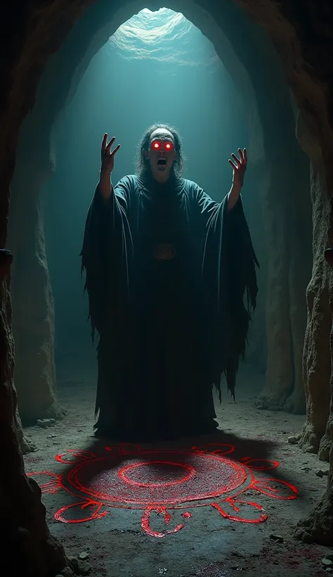 A Very Clear 4K Ultra HD Dynamic Image Of "Inside a sinister hut, the hermit, now revealed as a fraud, is shown performing dark rituals. He looks younger than before, with sharp eyes glowing red and no longer pretending to be blind. Magical symbols drawn i...