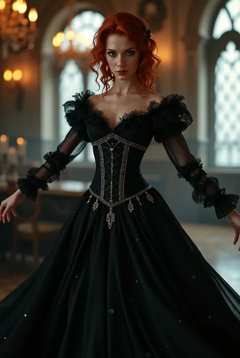  An elegant woman with a Gothic and Victorian appearance ,  with bright red hair with delicate waves and dark brown eyes .  She wears a beautiful black Victorian-style dress adorned with fine lace ,  a tight corset and Gothic details ,  such as dark embroi...