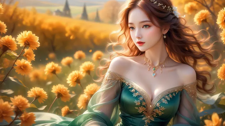 A Masterwork In 32K Resolution, Unmatched Quality, Ultra-Fine Details, Official Art, Supreme 32K Wallpaper, Gorgeous And Ethereal, Highly Detailed Features, Spellbinding Detail, Dutch Angle, Hyper-Realistic, Spring Landscape. One Girl, Solitary, Chestnut A...