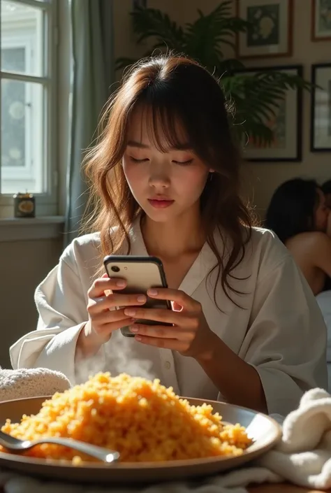 beautiful girl with phone, girl with towel, dining table, fried rice on a plate, camera from the side