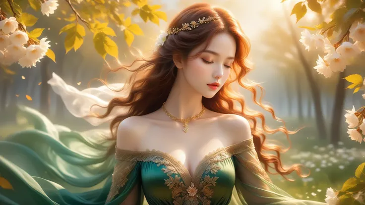 A Masterwork In 32K Resolution, Unmatched Quality, Ultra-Fine Details, Official Art, Supreme 32K Wallpaper, Gorgeous And Ethereal, Highly Detailed Features, Spellbinding Detail, Dutch Angle, Hyper-Realistic, Spring Landscape. One Girl, Solitary, Chestnut A...