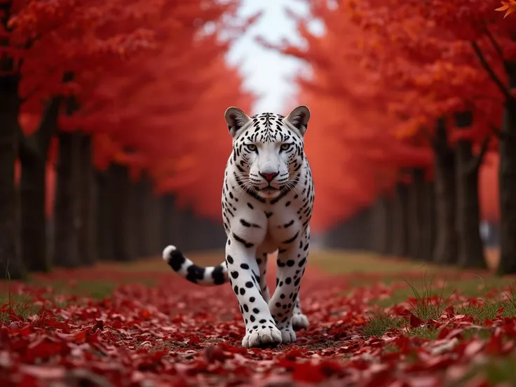 "Scene set in a forest filled with red-leafed trees, with crimson leaves scattered across the ground. In the center, a white jaguar with distinctive black spots walks directly toward the camera, its piercing eyes locked onto the lens. Its sleek, powerful b...