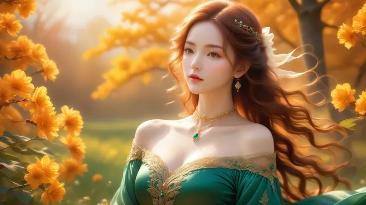 A Masterwork In 32K Resolution, Unmatched Quality, Ultra-Fine Details, Official Art, Supreme 32K Wallpaper, Gorgeous And Ethereal, Highly Detailed Features, Spellbinding Detail, Dutch Angle, Hyper-Realistic, Spring Landscape. One Girl, Solitary, Chestnut A...