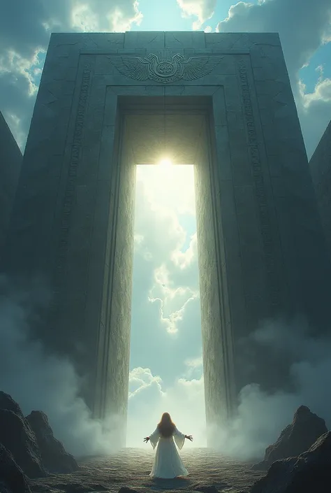 A big ancient stone gate of heaven and hell, the right side of the gate is an white holy angelic, and the left side of the gate is dark demonic, the door is slightly open in the middle of it theres a hands mix with the angel hands and demon hands from insi...