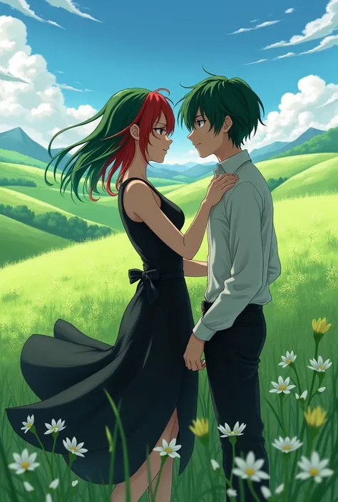 Girl feminim green red hair anime black dress in grassland sexy with boy