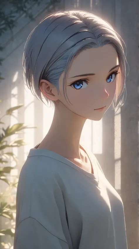 1gir, animation style, Best Illumination, cinematic lighting, crisp details, tall, mature slim body, sharp focus, Perfect Anatomy, (8k, best quality, masterpiece:1.5), a calm and introspective young woman, short slightly tousled light gray hair with a fain...