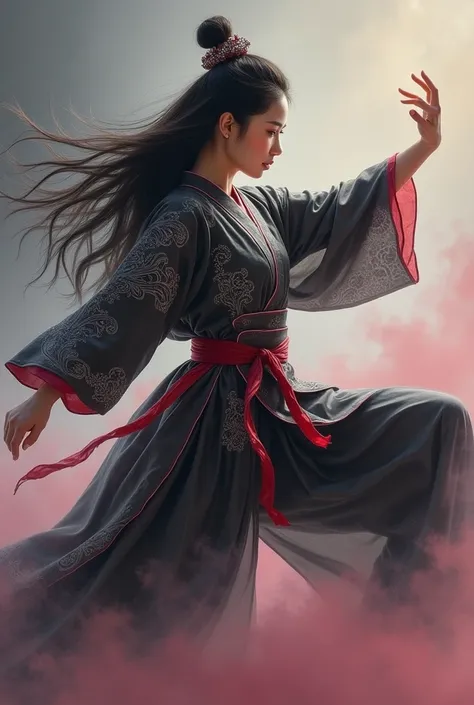 "An ultra-realistic airbrush painting of a beautiful Korean woman with long flowing hair, wearing a traditional kimono with intricate designs in shades of black, gray, red, and pink. She strikes a dynamic pose, showcasing her skill in kung-fu, exuding eleg...