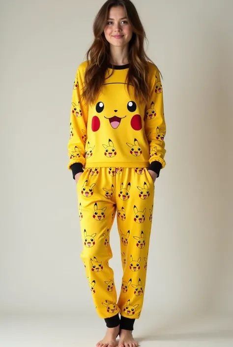 (real picture) a 20 years old teenager girl wearing  pajamas Pikachu characters print (standing) full body