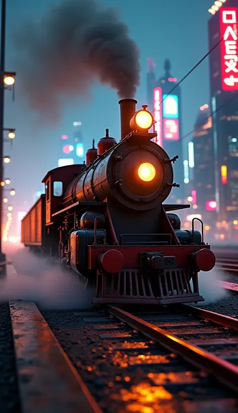 masterpiece,there is no line,(An very old antique steam locomotive), (rusted and weathered), runs through the skies above a futuristic neon city, at high speed, night, best quality,  high detail,  HD Model, digital art , 8k