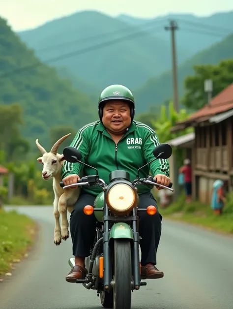  Hyper realistic photography of a fat Indonesian man , round-faced ,  wearing a green jacket and helmet with black stripes ,  and on the jacket there is writing on the right  "grab"  white writing .  riding a Honda beat motorcycle traveling through the cou...