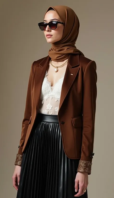 satin hijabi girls has been combined reflective velvet for a lustrous glossy finish. Long sleeve combined with sleeveless, stylistic lapel cuffs with combined pearl hoops. Body-hugging and wrinkle-resistant. Color: coffee. Combined with a black shiny pleat...