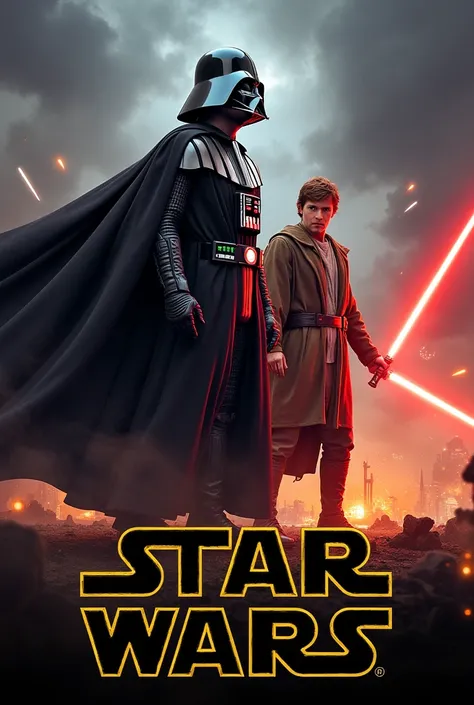 An intense Star Wars movie poster featuring Darth Vader, Anakin Skywalker,  in a powerful, action-packed composition. Darth Vader stands in the foreground, his black armor and cape billowing, exuding an aura of menace. Beside him, Anakin Skywalker is depic...