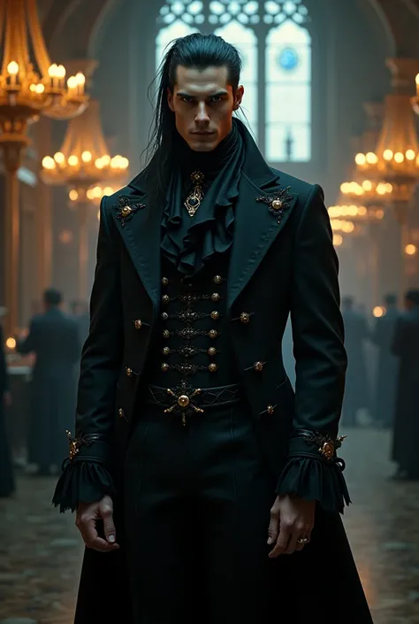  A tall man with a vampire appearance , Black-haired Curtian Mullet who is short and has an intense look,  dressed in dark clothes from the Victorian era .  He wears an elegant-style jacket with brocade details and a high collar ,  combined with a shirt wi...