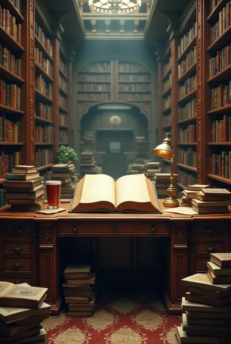 A library in the background with a desk further in front that is full of books. The floor is full of books scattered everywhere and in the center of the desk there is a giant book with Blank pages