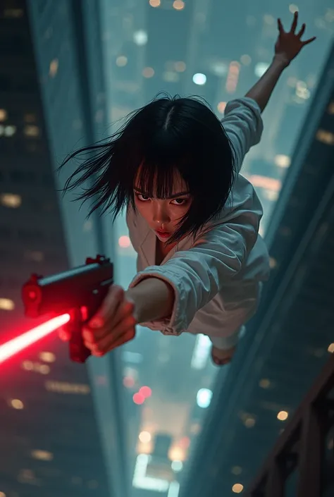 1girl, pretty japanese girl, angry look, ghost in the shell, white clothes, free fall from a tall building, holding a gun, red laser, night, cinema lighting, photo realistic