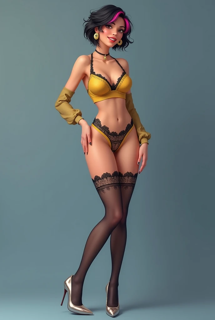 Cheerful woman with small black hair and pink streak posing standing with her left hand placed on her hip She is wearing large gold colored earrings She is wearing a yellow lingerie set with black lace details, Black lace long stockings and silver high hee...