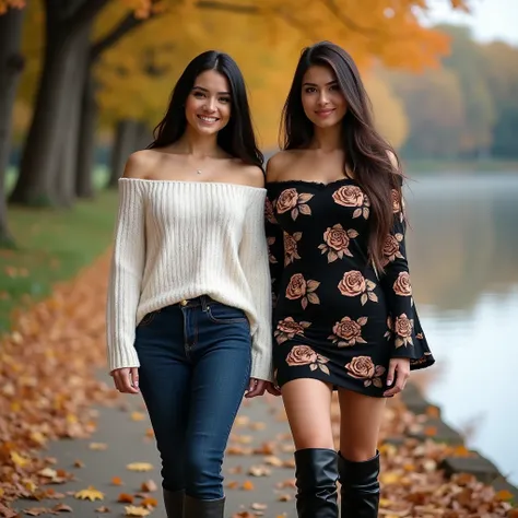 Two women. A Realistic photo of an aged 28 Latin woman, sexy body, big breasted EE-cup with super large breasts. muscular thighs and calves. long straight dark black hair, wearing an off the shoulder white designer sweater, dark blue denim jeans with knee ...