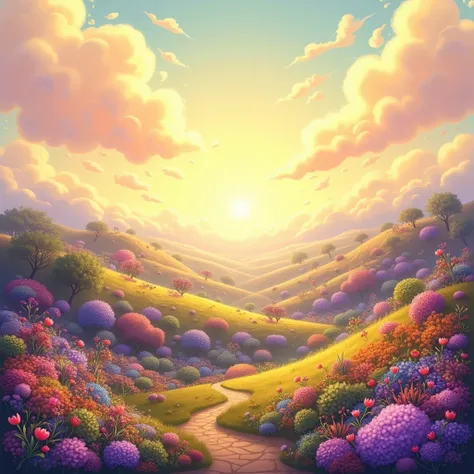  Woman not Loli Anime drawing style long curly hair color purple pink and yellow fanciful beautiful landscape with yellow orange coat beautiful without the anime girl, only the background of this same image 