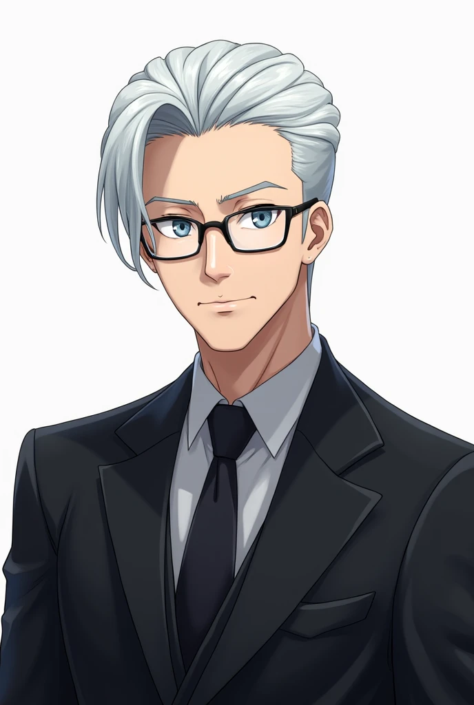 Tall, wite hair, not to long, not to short. black suit. light blue eyes. wearing glass. Anime guy 