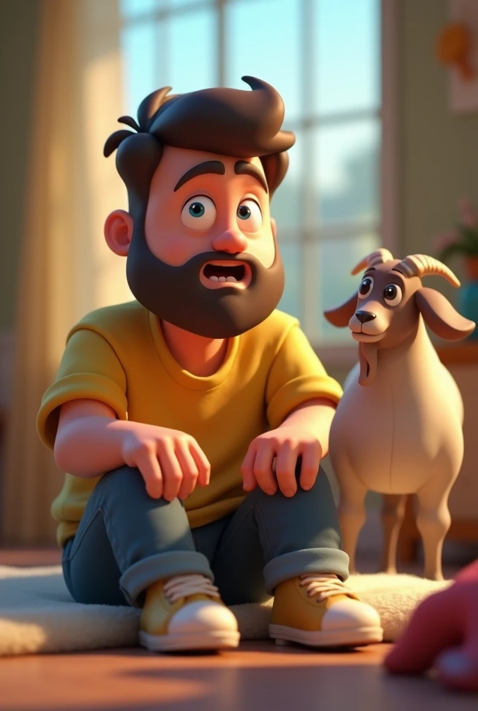 Create image in 3d funny animation faces, The man starts recovering, sitting up with hope and strength on his face, but the promise of the goat sacrifice fades into the background of his busy life.