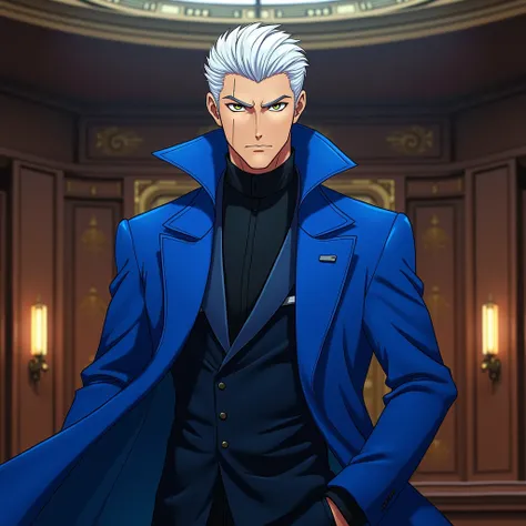 Make a male character,  in anime style, blue coat, White hair back ,  in a courtroom