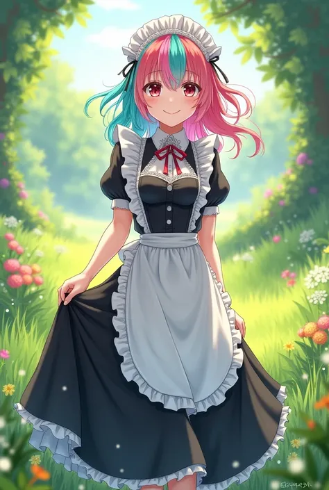 Girl feminim sassy cute face rainbow hair anime maid costume long skirt full body in grassland sexy 