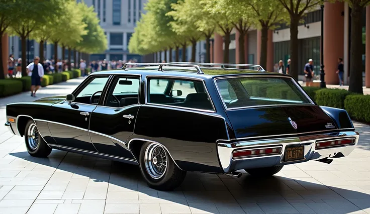 Give me A rear view 1970  Buick Century Caballero in luxury public around color black shine 