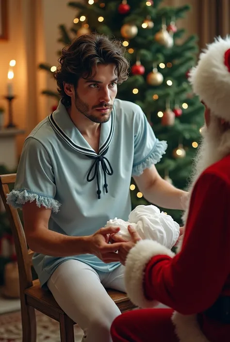  Real photo. A handsome adult man of 29 dark wavy haired, detailed face, wears pale blue frilly sailor blouse, white tights sits on a little stool in front of a Christmas tree.   Santa Claus Near is giving him  a puffy diaper from a big sack. Warm light.