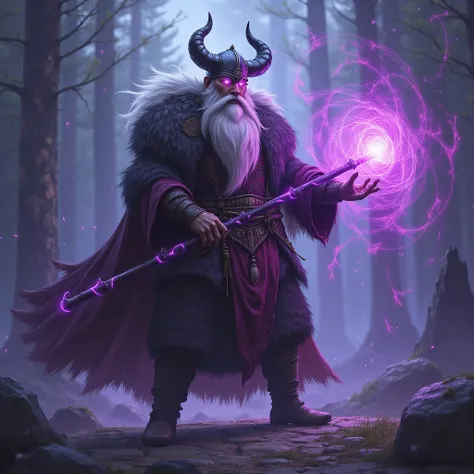 Viking ,  sorcerer , horned helmet ,  purple fire eyes ,  purple spell ,  purple magic stick, barba bianca