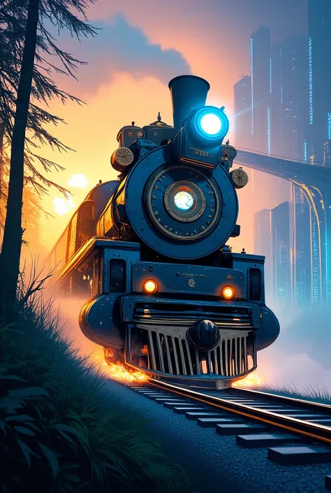 An awe-inspiring steampunk locomotive adorned with intricate golden gears, glowing neon-blue engine cores, and delicate clockwork etchings, barreling through a swirling, multidimensional rift of vibrant colors and shimmering light. The train’s sleek, metal...