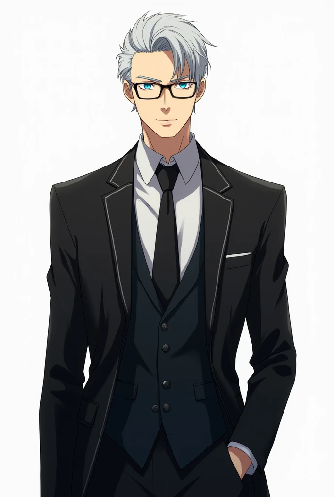 Tall, wite hair, not to long, not to short. black suit. light blue eyes. wearing glass. Anime guy 