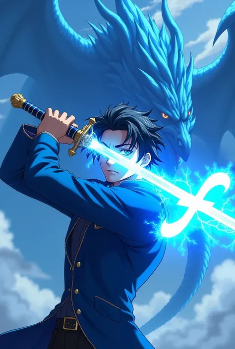  An anime male wearing a blue jacket and brandishing a blue and brimming sword "f" Blazing blue with blue dragon background  