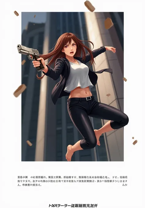 1girl, pretty japanese girl, angry look, ghost in the shell clothes, free fall from a tall futuristic building, head down, from below, holding a gun, day, cinema lighting, photo realistic, long brown hair