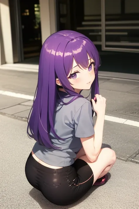 anime girl with purple hair and black pants sitting on the ground, the anime girl is crouching, beautiful anime girl squatting, bending over, thicc, hugging her knees, anime moe artstyle, reisen udongein inaba, holding a pudica pose, kneeling!!, on knees, ...