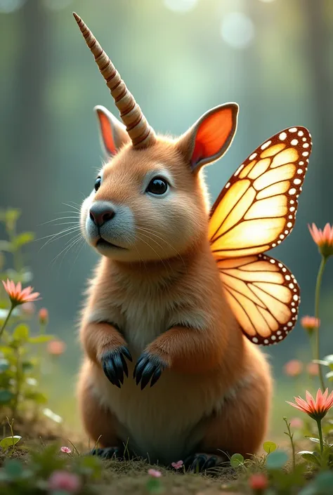 Capybara with butterfly wings ,  unicorn horn and cat ears. 