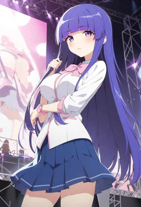 furuderika, long hair, purple eyes, blue hair, blunt bangs, , pink bow, skirt, , large breasts, , pink bow, skirt,　live stage