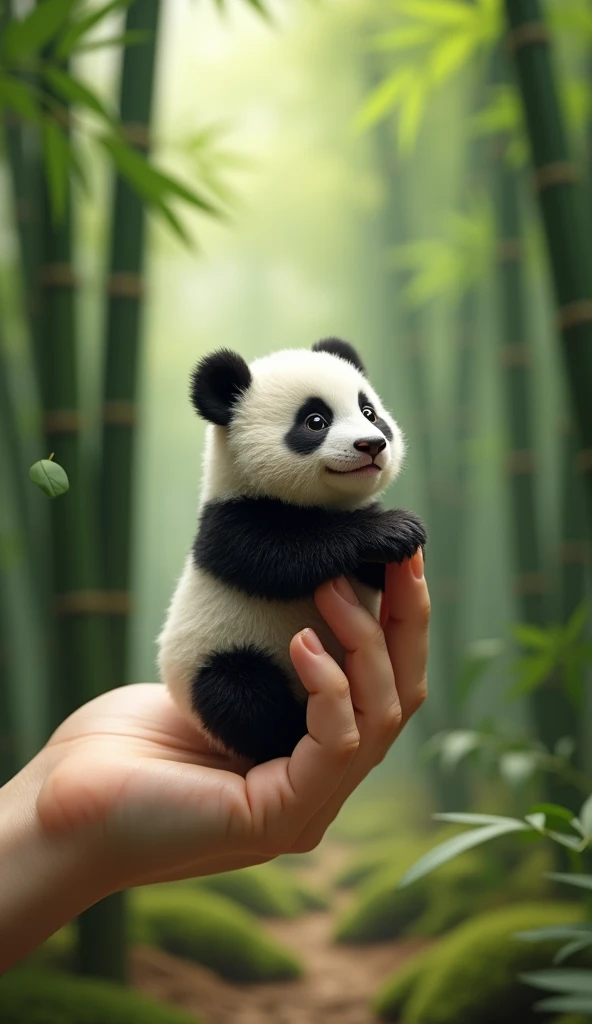 "An impossibly tiny, fully grown panda bear, small enough to fit snugly in a human hand, is clinging adorably to a single human finger. The panda’s black-and-white fur is fluffy and detailed, with its soft texture reflecting the gentle light of the forest....