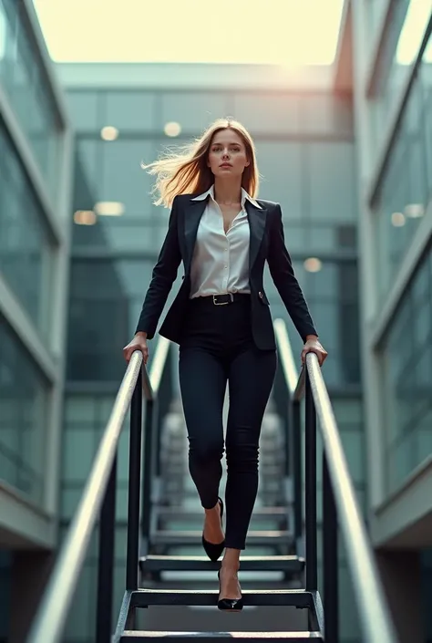 Business woman climbing the ladder to success , wearing formal suit, shirt TUCKED in skintight pants and black belt , unbuttoned suit, open jacket